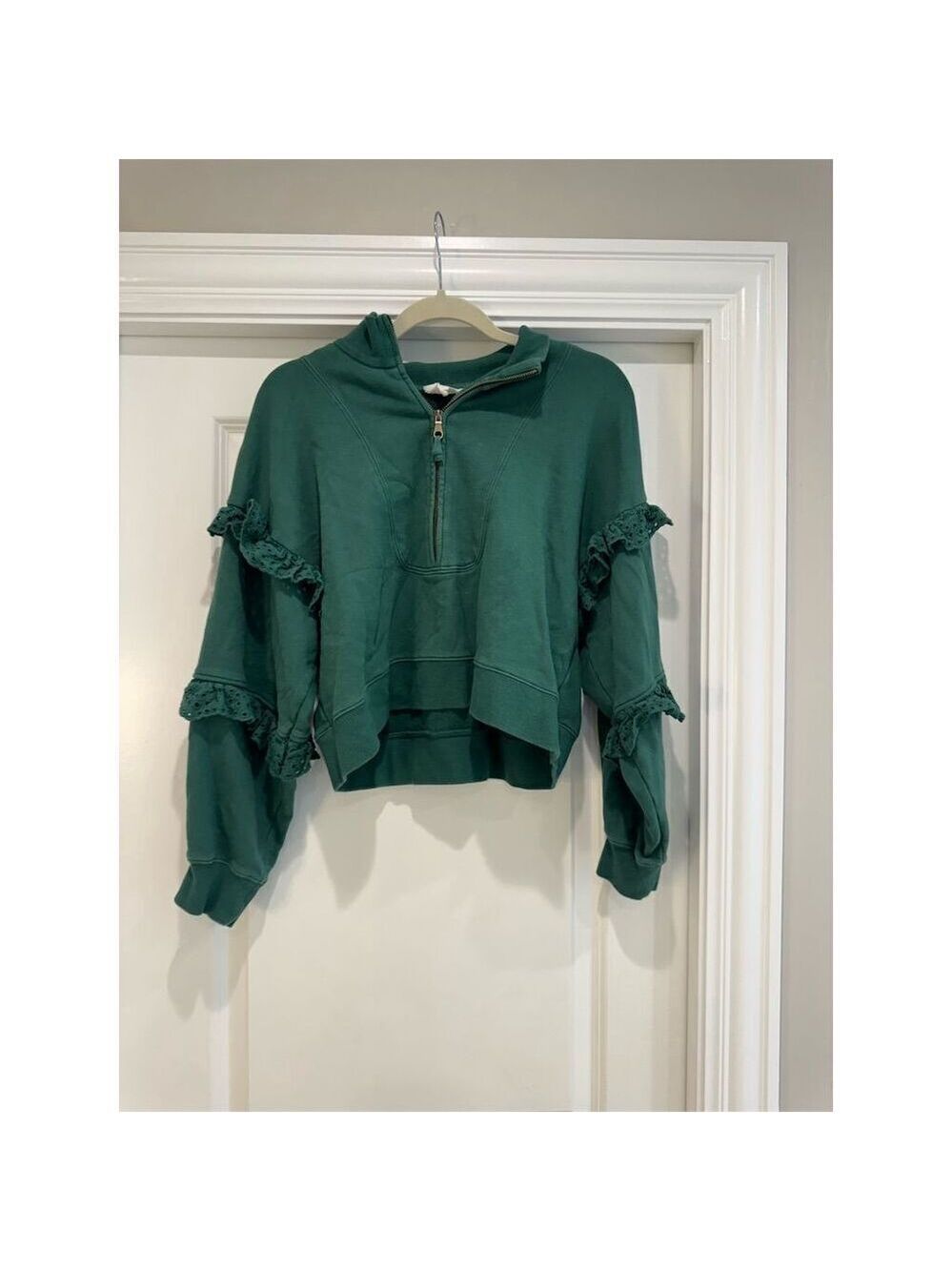 Soft Joie Women's M Green Cropped Blouse Ruffle Sleeve Half Zip Casual